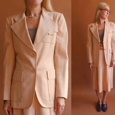 Vintage 70s Ted Lapidus Peach Suit/ 1970s Blazer and Pleated Skirt Matching Set/ Spring Suit/ Size Small 