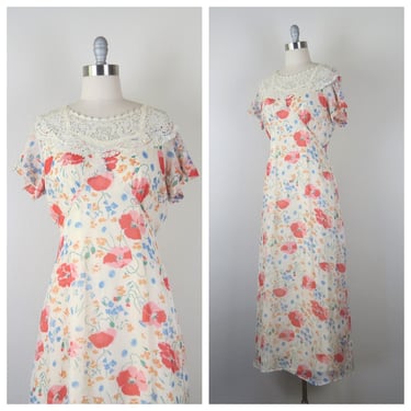 Vintage 1930s floral dress, maxi length, gown, lace collar, poppy print, size medium 