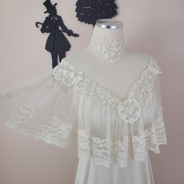 Vintage 1970's Cream Lace Dress / 70s Prom Formal Dress XS 