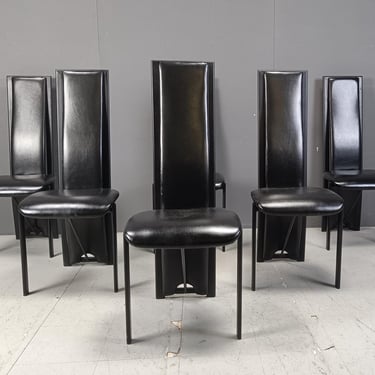 Vintage black leather high bacl dining chairs, set of 6, 1980s - vintage italian dining chairs - high back dining chairs 