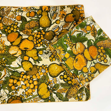 Vintage Cotton Napkins Set of 6 Flowers Brown Orange Vegetables Mid-Century 1960s 