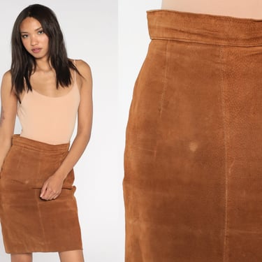 Suede Mini Skirt 90s Brown Leather Skirt Pencil Wiggle Party Retro Simple Plain Bohemian High Waisted Vintage 1990s Small 28 
