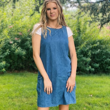 Vintage Denim Overall Jumper Dress / 90s 