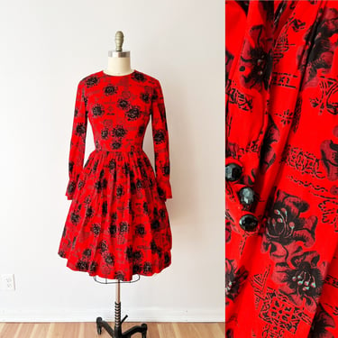 SIZE XS/S 1950s Long Sleeve Cotton Dress - Alfred Shaheen Lookalike - 60s Long Sleeve Dress - Red and Black - Tiki Tropical 