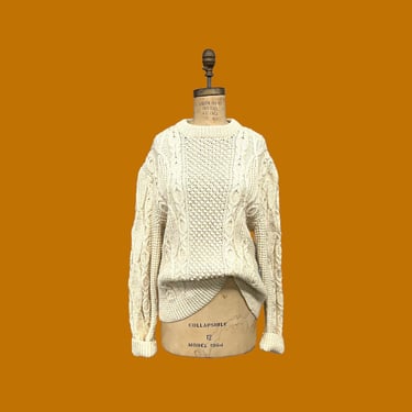 Vintage Fisherman Sweater Retro 1980s Hand Knit + Pure Wool + Cream + Ivory + Cable Knit + Crew Neck + Unisex Apparel 
