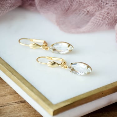 bridal crystal earrings, clear Swarovski bridesmaid wedding jewelry, Regency Art Deco marquise dangle drop earrings, gift for her 