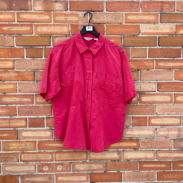 vintage 80s/90s red cotton utility blouse / l large 