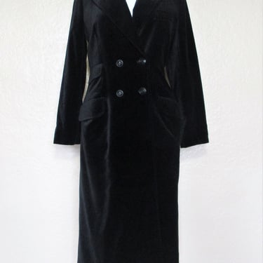 Vintage 1980s Black Velvet Opera Coat, Maxi Length, Small Women, Double Breasted, Princess Cut 