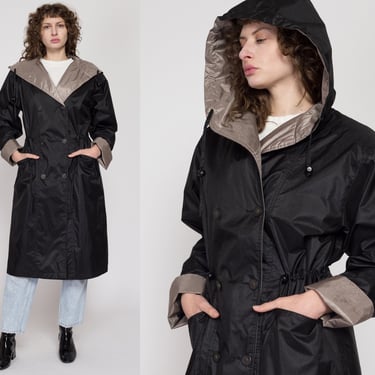 Small 90s Shiny Black Hooded Raincoat | Vintage British Mist Two Tone Fitted Waist Button Up Long Trench Coat 