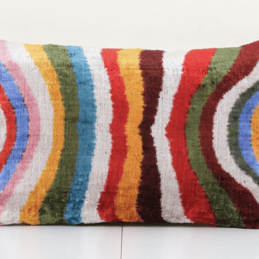 Colorful Ikat Velvet Pillow - Lumbar Silk Cushion | 16" X 24"