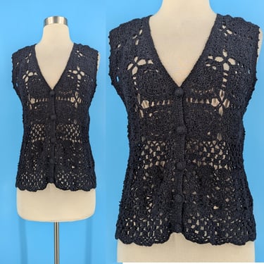 Vintage 90s Lizsport Silk Blend Black Hand Crochet Vest - Small / Medium 