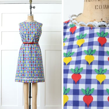 vintage 1960s novelty veggie print dress • radishes on blue & white gingham sleeveless shift dress 