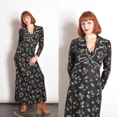 Vintage 1970s Dress / 70s Rayon Floral Print Halter Maxi Dress and Crop Top Set / Black White ( small S ) 