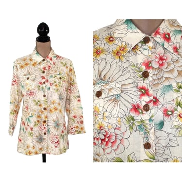 M 90s Y2K Rayon Linen Floral Button Up Blouse Medium, 3/4 Sleeve Print Button Down Shirt, Tunic Top Casual Clothes Women Vintage VAN HOUSEN 