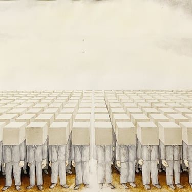1980s Surreal Painting of Blockhead Suits  - Apple Computer - Vintage Watercolor and Ink Painting - Unusual Artwork - Apple Computer - Rare 
