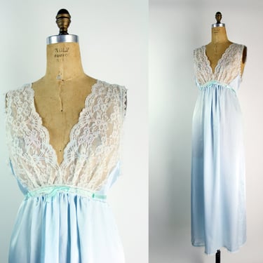 80s Lace Baby Blue Slip Dress / 1970s / Vintage Lingerie / Maxi Slip Dress / Wedding Lingerie / Size L/XL 
