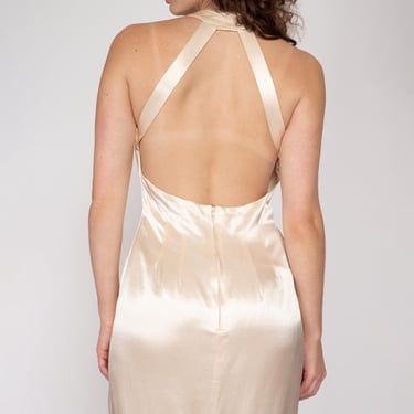 Medium 90s Champagne Satin Backless Evening Gown | Vintage Keyhole Back Formal Maxi Party Dress 