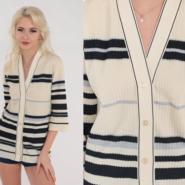 70s Striped Cardigan Ribbed Knit Button Up Sweater Top Cream Grey Black Stripes 3/4 Sleeve Retro Seventies Knitwear Vintage 1970s Small S 