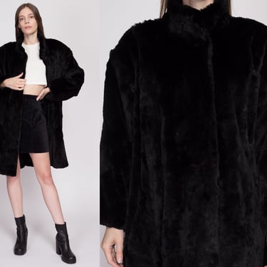 S-L| 90 Plush Black Faux Fur Teddy Coat - Small to Large | Vintage Carole Little Oversize Glam Winter Swing Jacket 