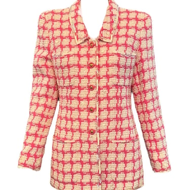 Chanel 90s Bubblegum Pink and White Gingham Jacket with Iridescent Sequins