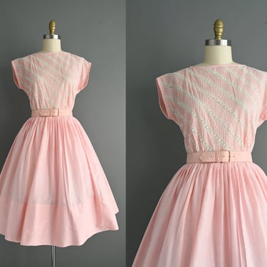 vintage 1950s Pink Cotton Full Skirt Dress | Large 