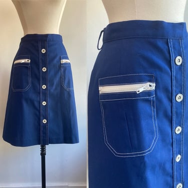 Vintage 70s Mod JANTZEN Skirt / Oversized ZIPPER Pockets + Buttons / Large 