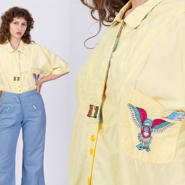 80s Yellow Oversized Button Up Streetwear Shirt - Men's Medium, Women's Large to XL | Vintage Retro Print Short Sleeve Collared Top 