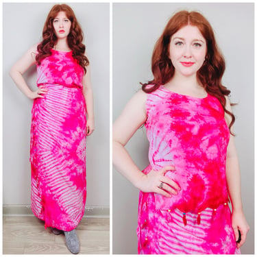 1990s Vintage Hot Pink Rayon Tie Dye Set / 90s / Nineties Fringe Beaded Shirt and Wrap / Sarong Skirt / Large - XL 