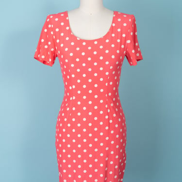 Vintage 80s My Michelle Coral and White Polka Dot Shift Dress with Padded Shoulders (S) 