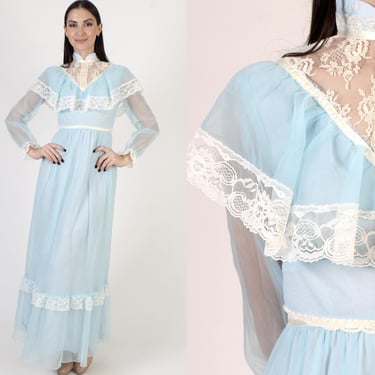 Blue Prairie Wedding Dress, 70s Sheer Floral Lace, Victorian Bridesmaids Capelet, Womens  Maxi Gown 