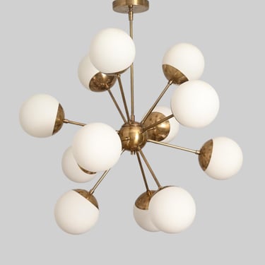 MCM Stilnovo Style 12 arms  Brass Sputnik Chandelier with Opal Glass Shade 