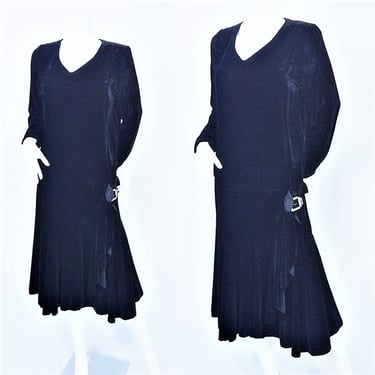 Black Velvet 1920's Rayon Moire' Flapper Dress I Faux Wood Grain Print I Sz Med I Burnout 