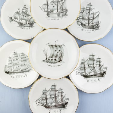 Vintage Swedish Rörstrand Sailing Ship Plates - Set of 6