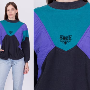 80s Color Block Pocket Sweatshirt - Men's Small Short, Women's Medium | Vintage OBEX Sport Retro Streetwear Crew Neck 