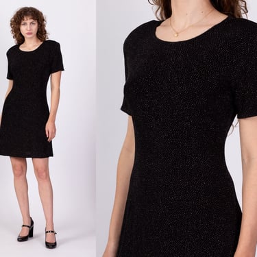 90s Black Metallic Sparkle Mini Dress - Medium | Vintage Slinky Short Sleeve Grunge Dress 