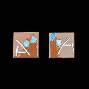 1960s Brown and Blue Enamel A Initial Cuff Links | 60s Vintage Square White A Cufflinks 