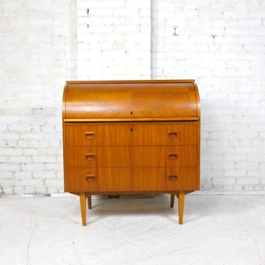 Vintage MCM teak roll / barrel top desk made in Sweden w/ 3 drawers | Free shipping only in NYC and Hudson Valley areas (no key) 