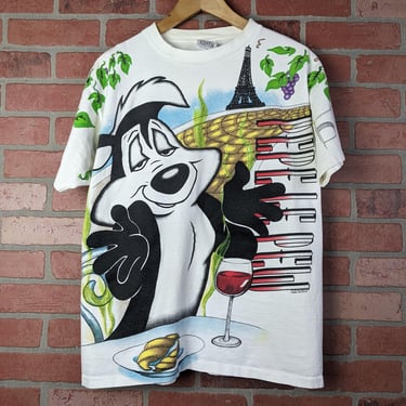 Vintage 90s Looney Tunes AOP PePe Le Pew ORIGINAL Cartoon Character Tee - Large 