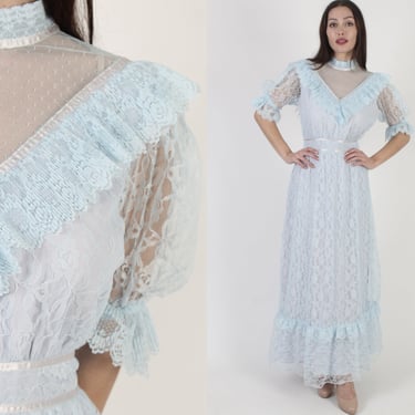 Vintage 70s Sheer Floral Lace Dress Baby Blue Prairie Ruffle Tiered Saloon Gown Maxi Dress XL 