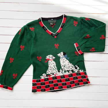 green dog sweater 80s vintage Cullinane dalmatian puppy wool sweater 