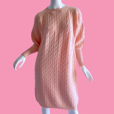 Vintage Cashmere Scotland Dress, Blush Pink Cable Preppy Cashmere Tunic Dress Large 