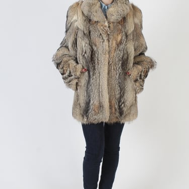 Brown Fox Fur Coat, Real Beige Coyote Jacket, Vintage 70s Shaggy Eskimo Parka 