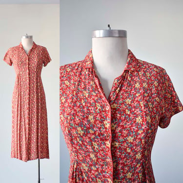 Vintage April Cornell Dress / 1940s Inspired Dress / Red Floral Day Dress / Pink Floral Shirt Dress XS / April Cornell Small 