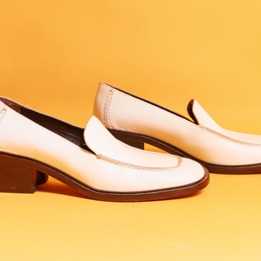 90s White Block Square Heel Leather Gucci Loafers Vintage Designer Stitched Thick Leather Loafer Italian Heels 