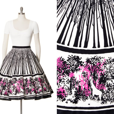 Vintage 1970s Circle Skirt | 70s does 1950s Jungle Animals Novelty Border Print Cotton Black White Pink Swing Skirt with Pocket (small) 