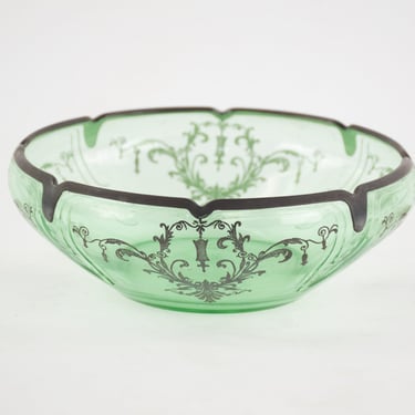 Vintage Green Glass Fruit Bowl with Metal Rim 