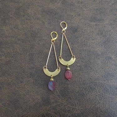 Brass geometric earrings, mid century modern, minimalist, simple unique artisan earrings, pink mother of pearl 