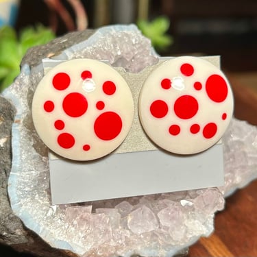 Vintage Polka Dot Stud Earrings Red Spots Retro Plastic Jewelry Pierced Ear 