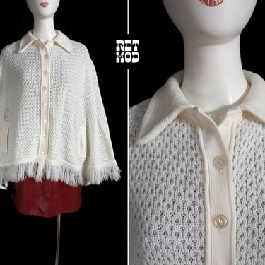 Cute Vintage 60s 70s White Knit Collared Poncho with Fringe 