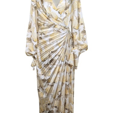 Acler - White w/ Yellow & Olive Hydrangea Print Pleated Satin Dress Sz 8